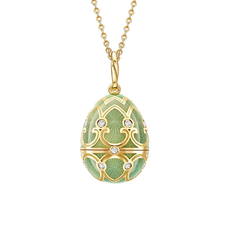 Fabergé Heritage Yellow Gold Green Guilloché Enamel & Diamond Surprise Butterfly Locket Pendant