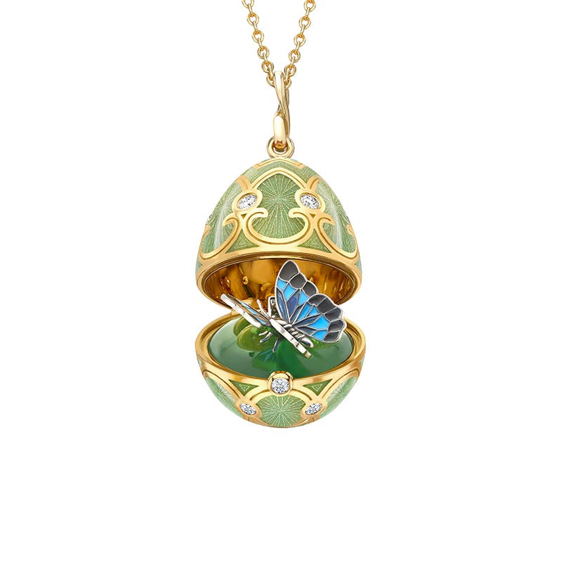 Fabergé Heritage Yellow Gold Green Guilloché Enamel & Diamond Surprise Butterfly Locket Pendant