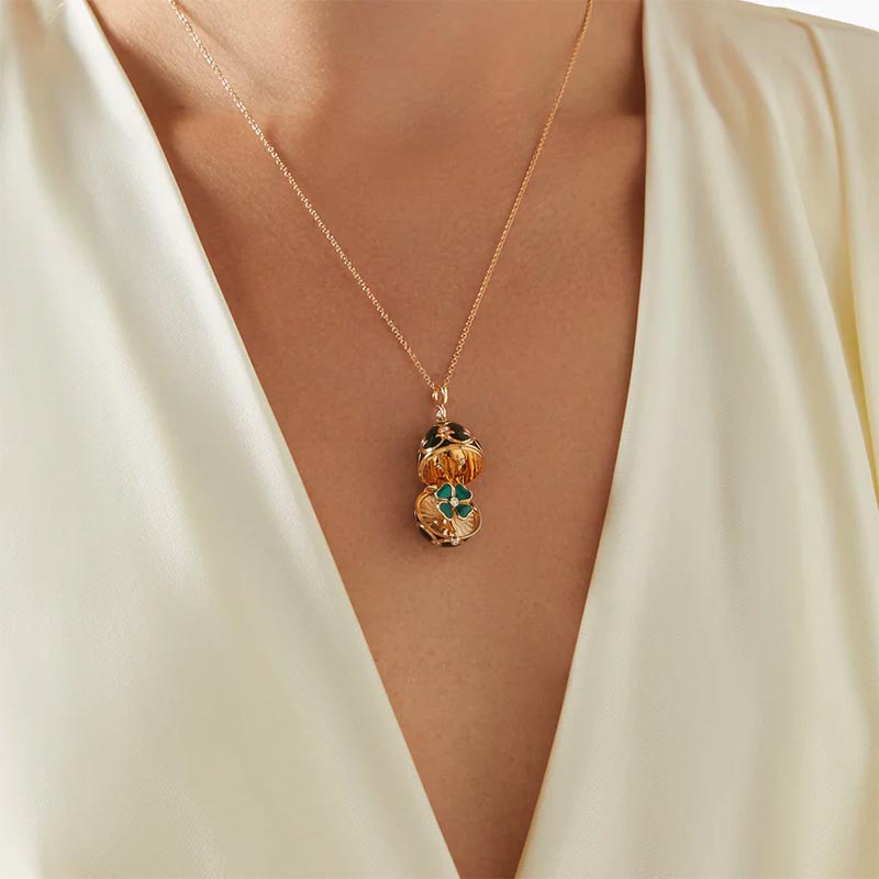 Fabergé Heritage Yellow Gold Green Guilloché Enamel & Diamond Surprise Clover Locket Pendant