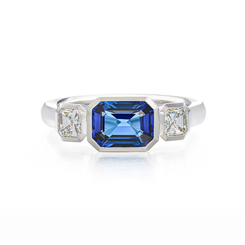 Hans D. Krieger White Gold Blue Sapphire & Asscher Cut Diamond Ring