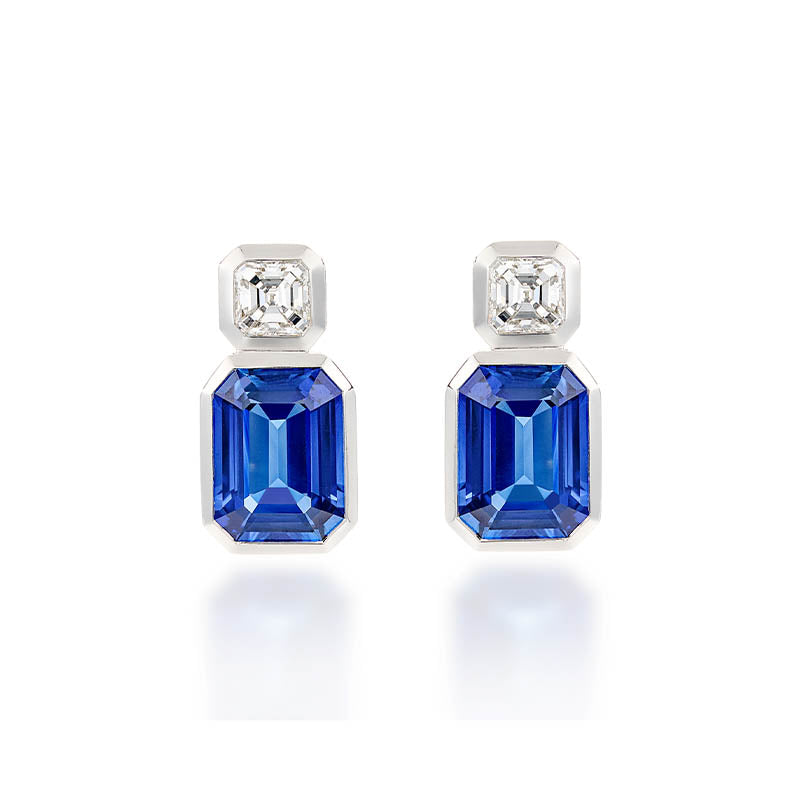 Hans D. Krieger White Gold Blue Sapphire & Assher Cut Diamond Earrings