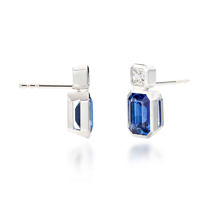 Hans D. Krieger White Gold Blue Sapphire & Assher Cut Diamond Earrings