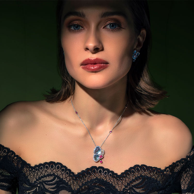 Jacob & Co. Papillon White Gold Blue Topaz & Pink Tourmaline Diamond Pendant