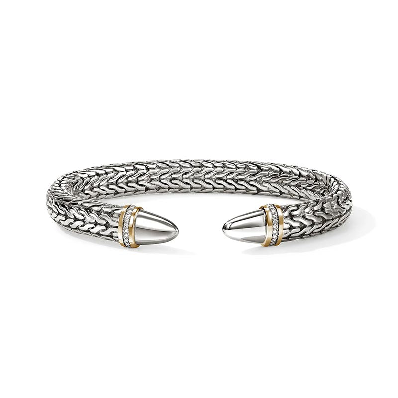 John Hardy 50th Anniversary Spear Sterling Silver Yellow Gold & Diamond Flex Cuff