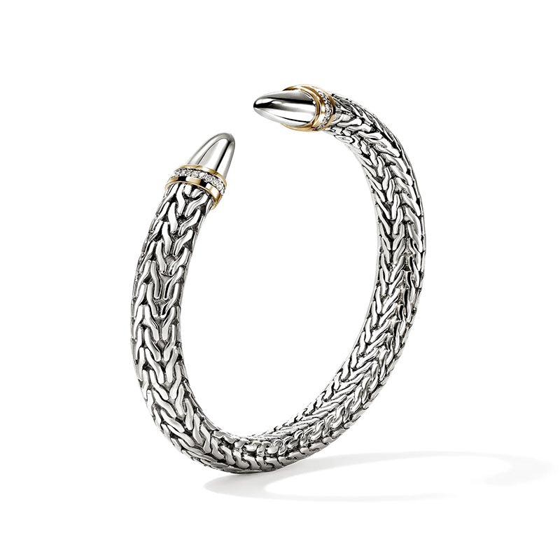 John Hardy 50th Anniversary Spear Sterling Silver Yellow Gold & Diamond Flex Cuff
