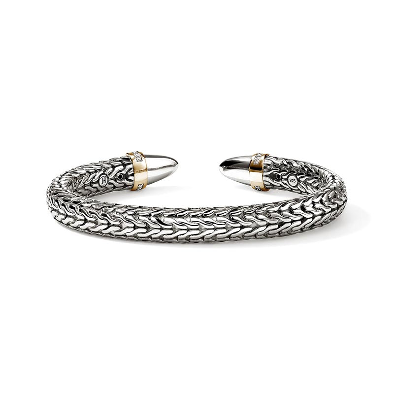 John Hardy 50th Anniversary Spear Sterling Silver Yellow Gold & Diamond Flex Cuff