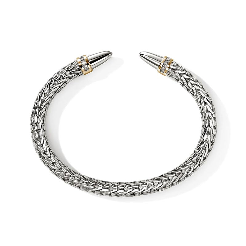 John Hardy 50th Anniversary Spear Sterling Silver Yellow Gold & Diamond Flex Cuff