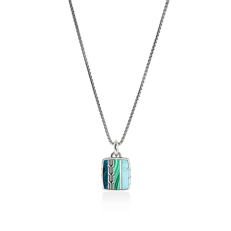 John Hardy Sterling Silver Carved Chain Treated Turquoise, Malachite, and Treated Chrysocolla Pendant