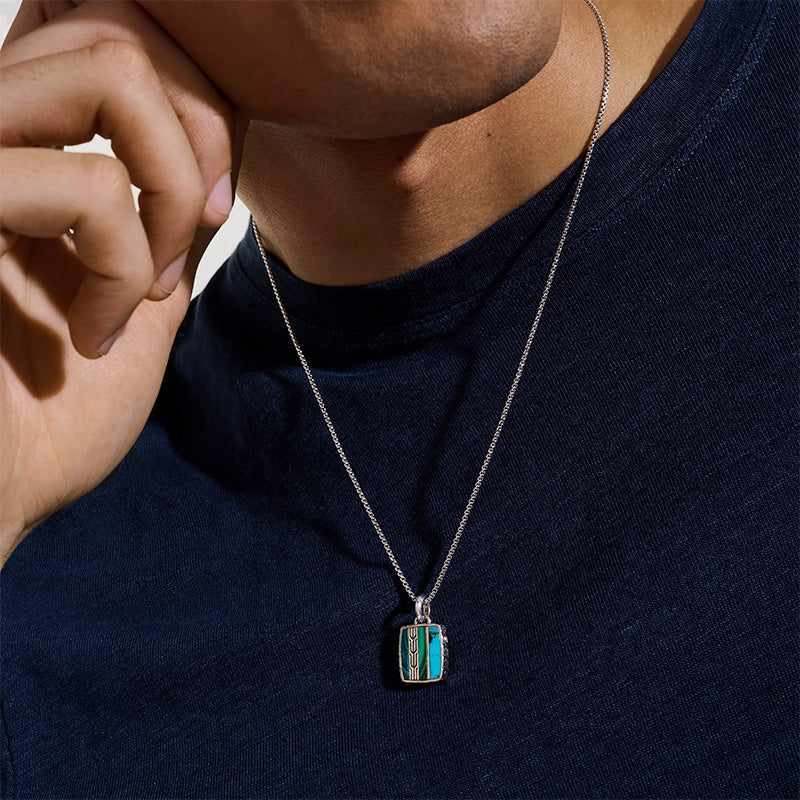 John Hardy Sterling Silver Carved Chain Treated Turquoise, Malachite, and Treated Chrysocolla Pendant