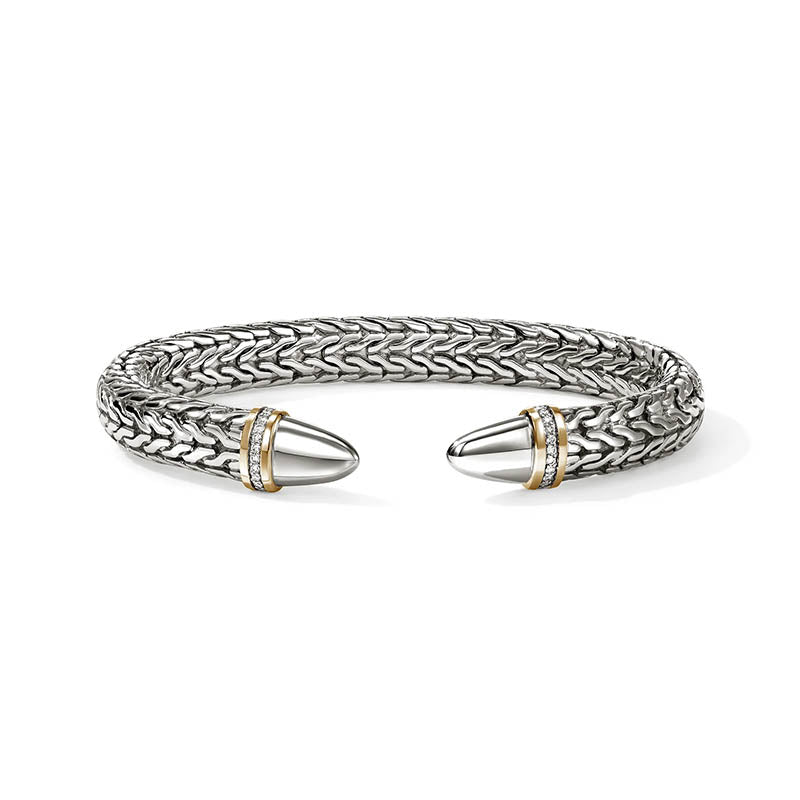 John Hardy Sterling Silver & Yellow Gold 8.9mm Spear 50 Diamond Flex Cuff