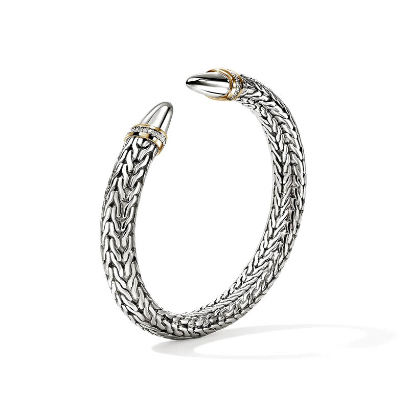 John Hardy Sterling Silver & Yellow Gold 8.9mm Spear 50 Diamond Flex Cuff