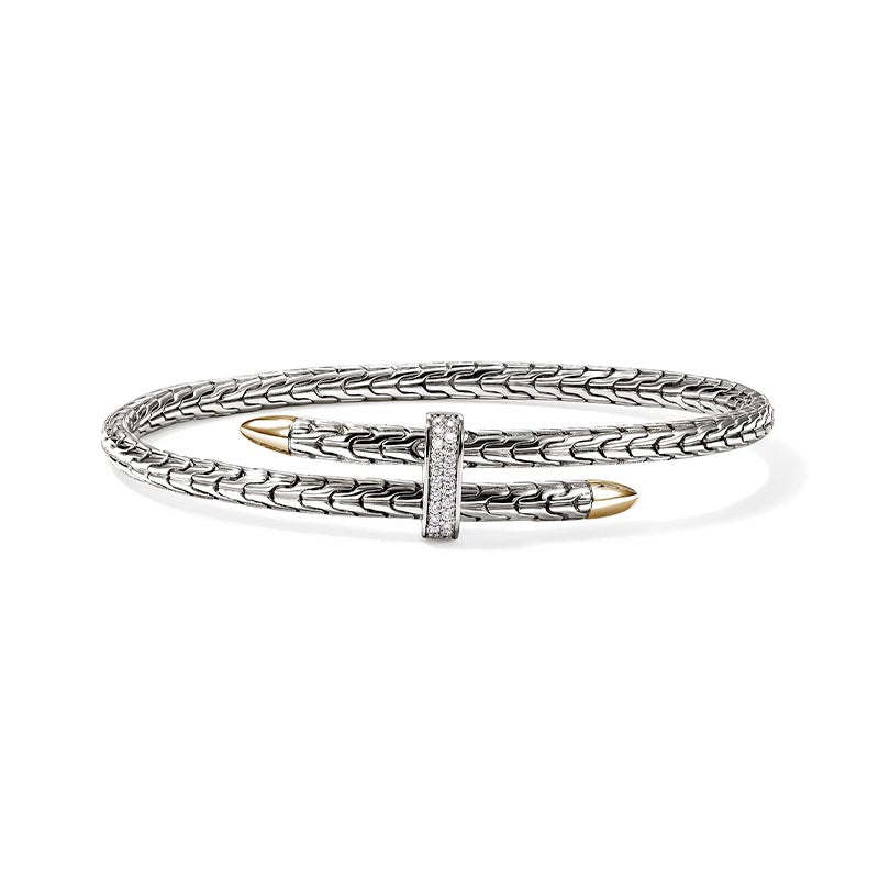 John Hardy 4mm Sterling Silver Spear Cuff with Gold & Diamond Accents