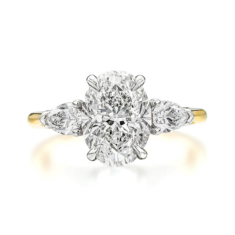 KNAR Signature Yellow Gold 3ct Oval Cut Diamond Engagement Ring with Pear Diamond Shoulders