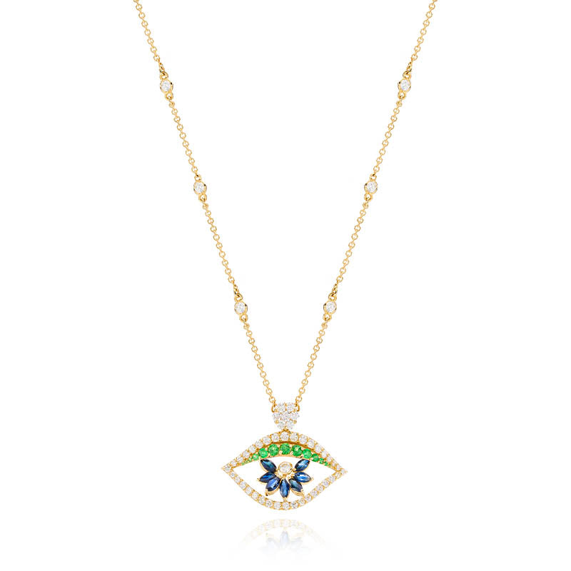 Knar Signature Yellow Gold, Blue Sapphire, Tsavorite & Diamond Eye Necklace