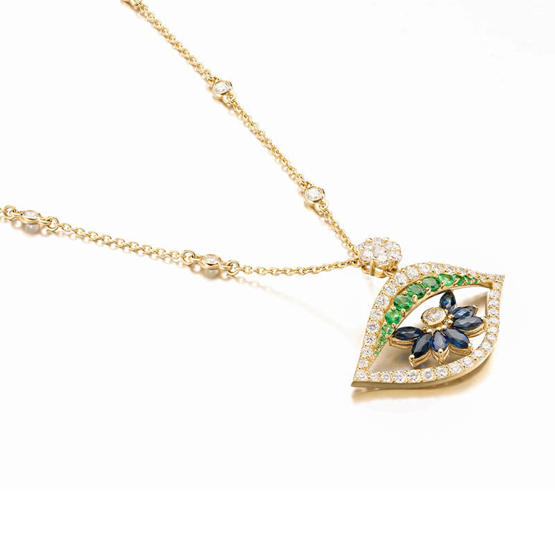 Knar Signature Yellow Gold, Blue Sapphire, Tsavorite & Diamond Eye Necklace