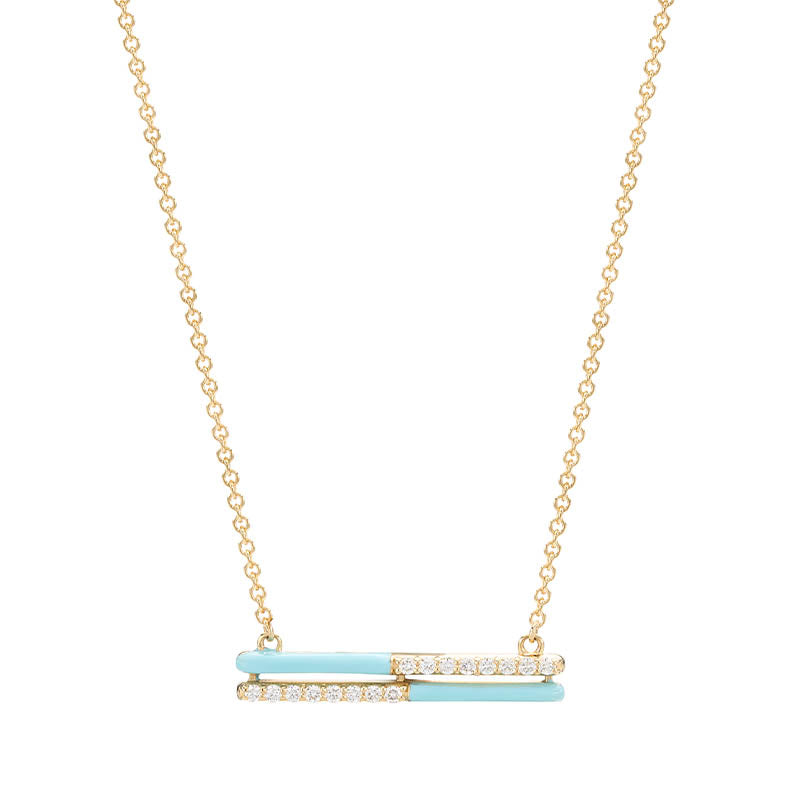 Knar Signature Yellow Gold, Light Blue Enamel & Diamond Double Bar Necklace