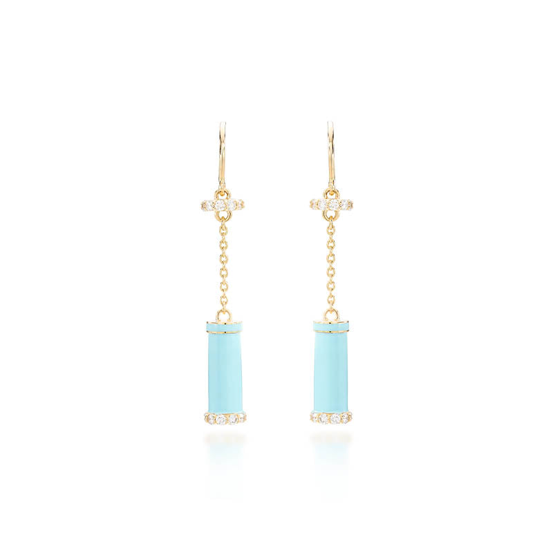 Knar Signature Yellow Gold, Light Blue Enamel & Diamond Drop Earrings