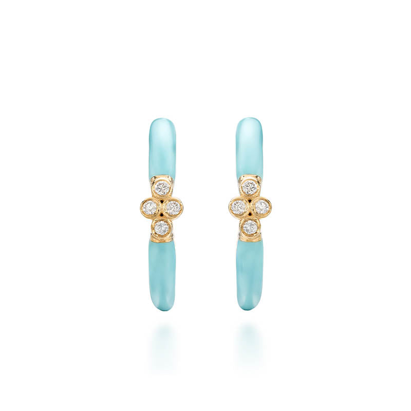 Knar Signature Yellow Gold, Light Blue Enamel & Diamond Hoop Earrings