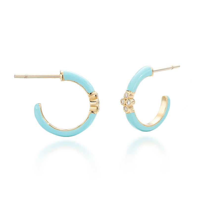 Knar Signature Yellow Gold, Light Blue Enamel & Diamond Hoop Earrings