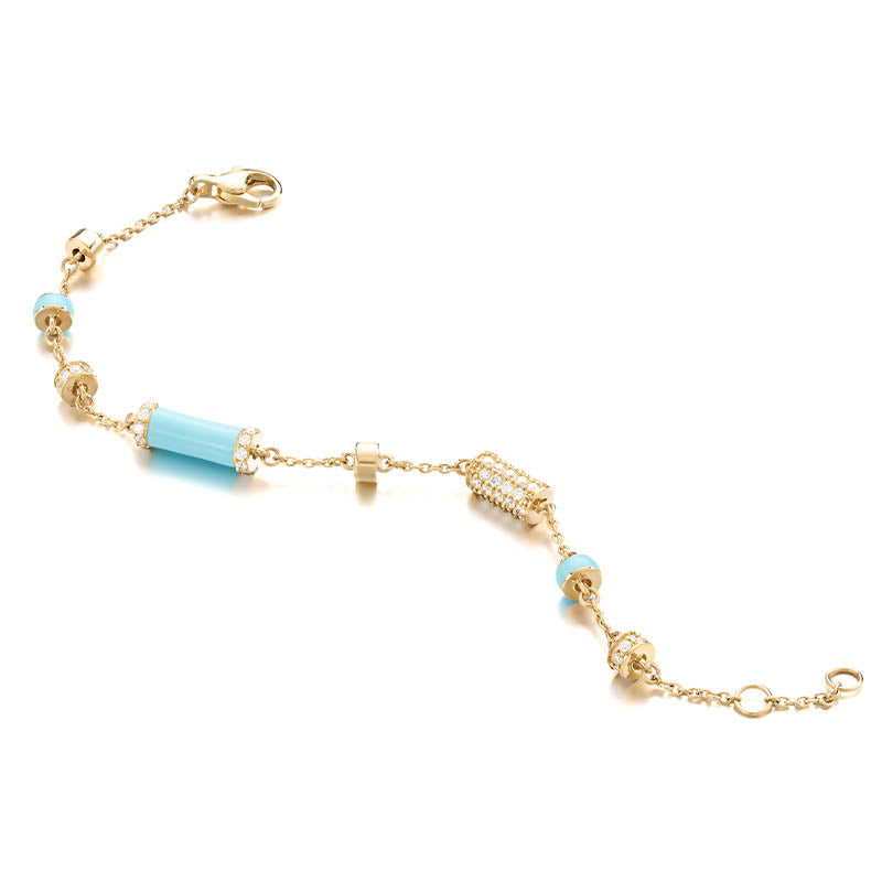 Knar Signature Yellow Gold, Light Blue Enamel & Diamond Station Bracelet