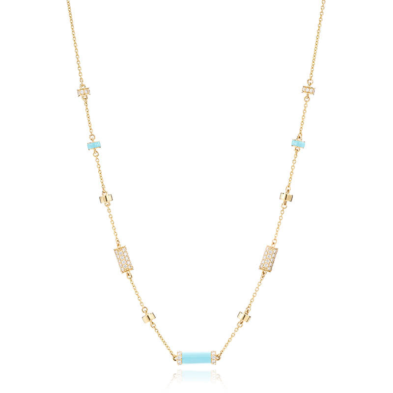 Knar Signature Yellow Gold, Light Blue Enamel & Diamond Station Necklace