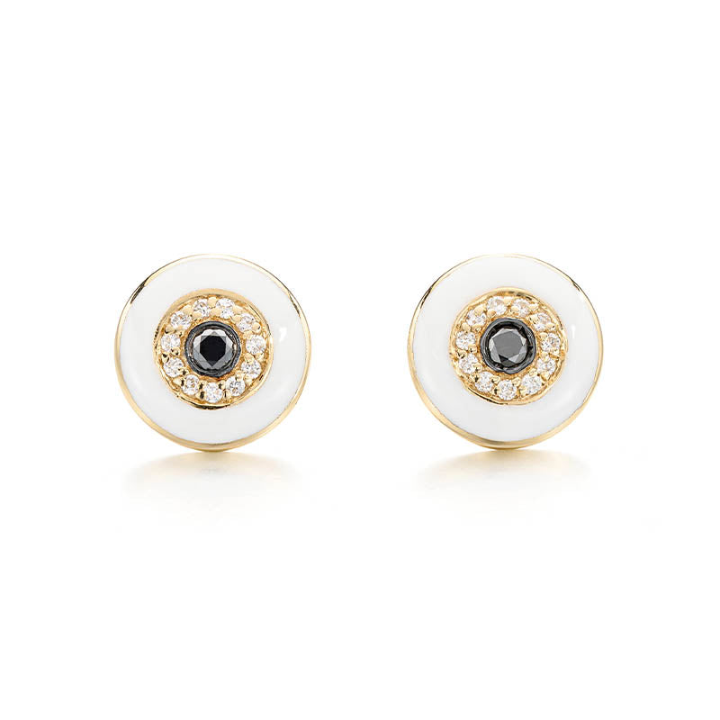 Knar Signature Yellow Gold, Light Blue Enamel & Diamond Round Earrings