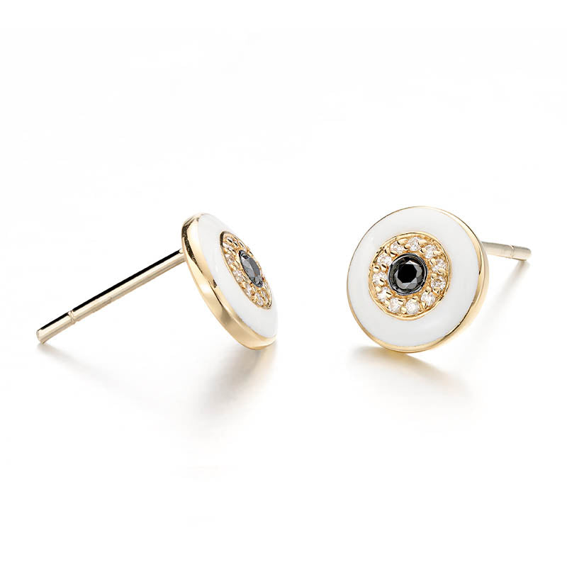 Knar Signature Yellow Gold, Light Blue Enamel & Diamond Round Earrings