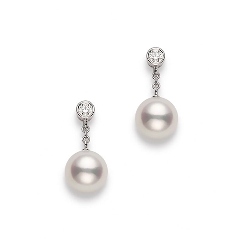 Mikimoto White Gold 8mm Akoya Pearl & Diamond Drop Earrings