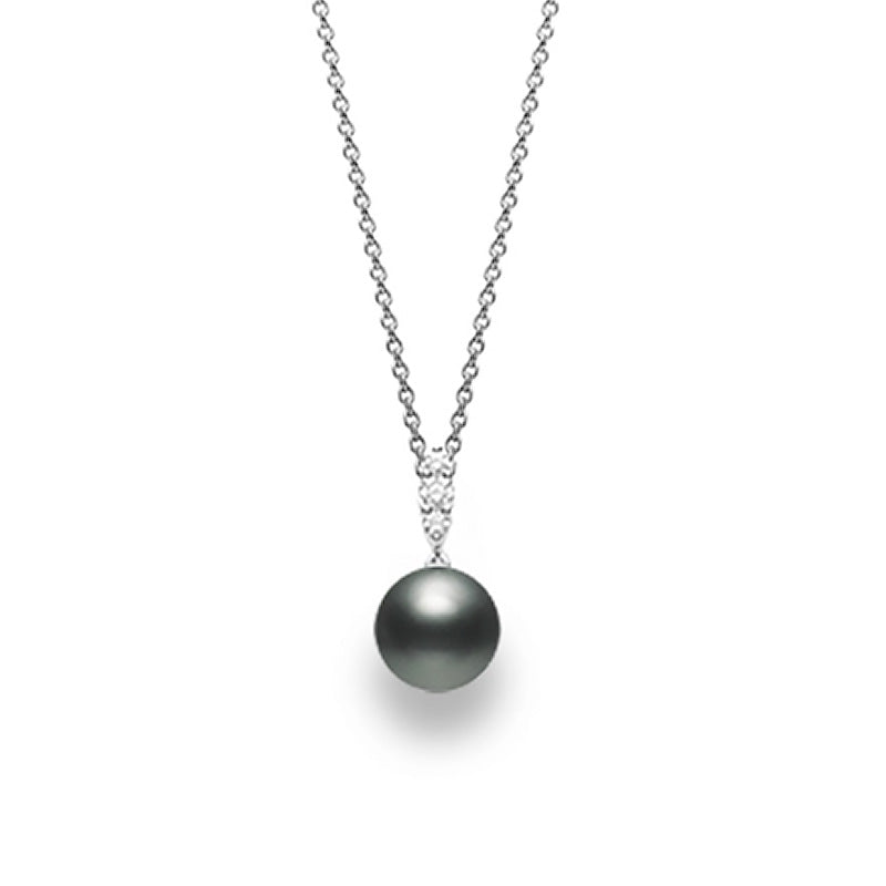 Mikimoto White Gold 9mm Black South Sea & Diamond Morning Dew Pendant