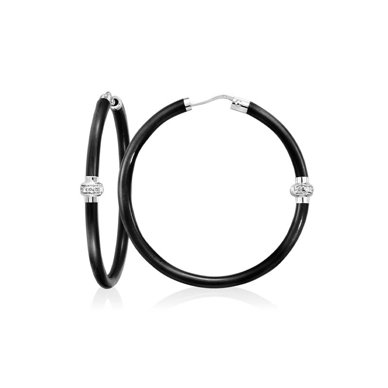 SOHO Sterling Silver & Black Enamel Diamond Hoop Earrings