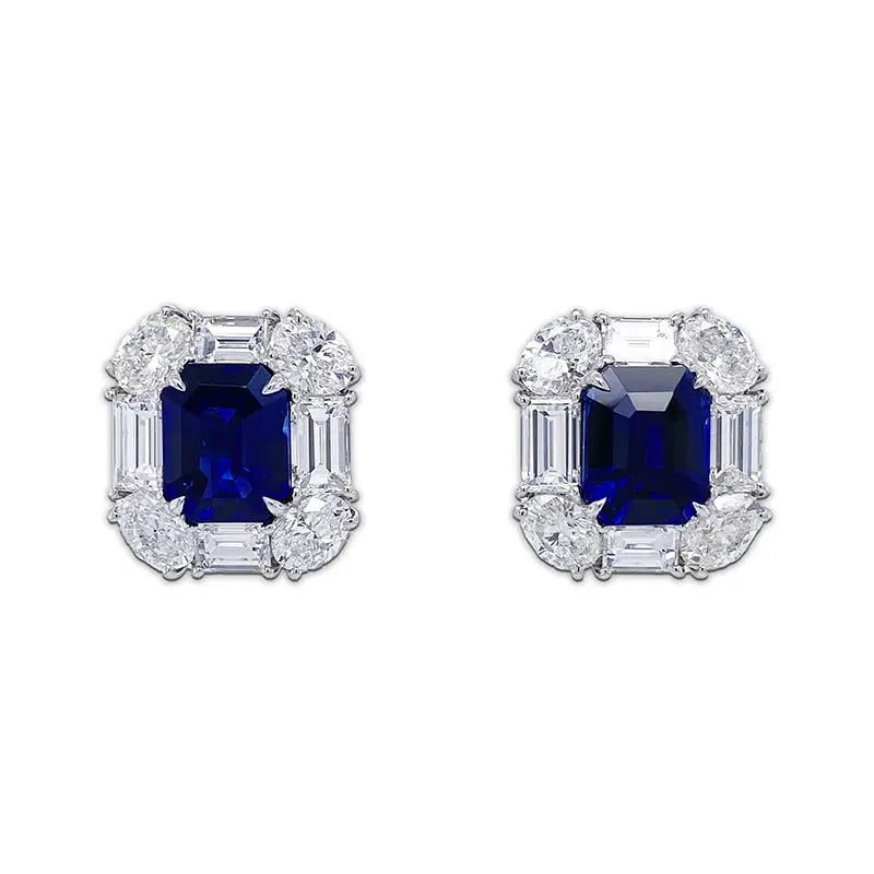 Bayco Magnificent Emerald Cut Blue Ceylon Sapphire & Diamond Earrings