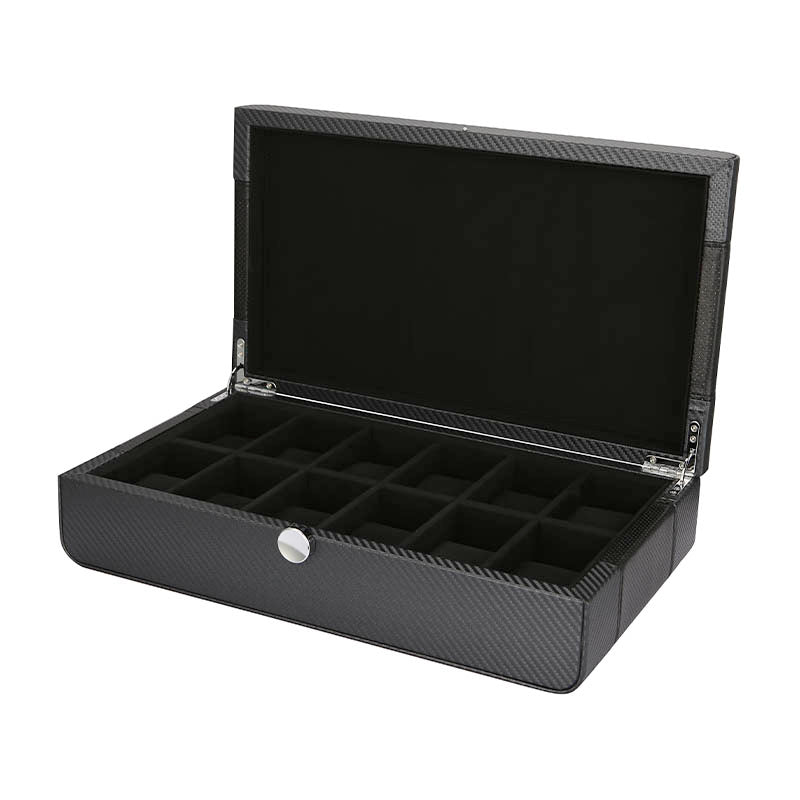 Benson Leather 12pc Black Carbon Fibre Printed Leather Watch Case