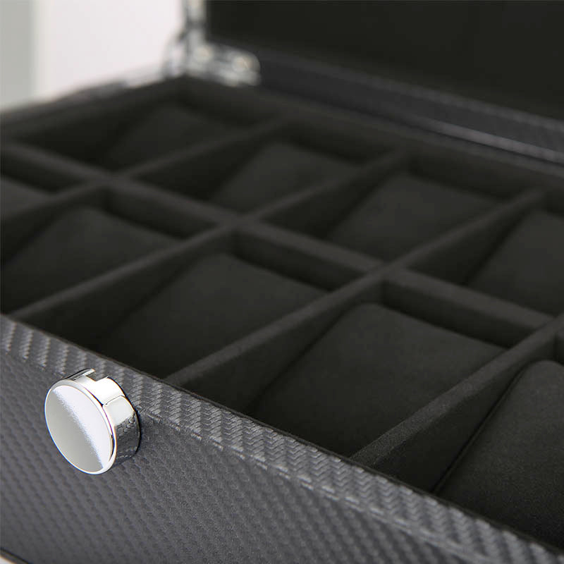 Benson Leather 12pc Black Carbon Fibre Printed Leather Watch Case