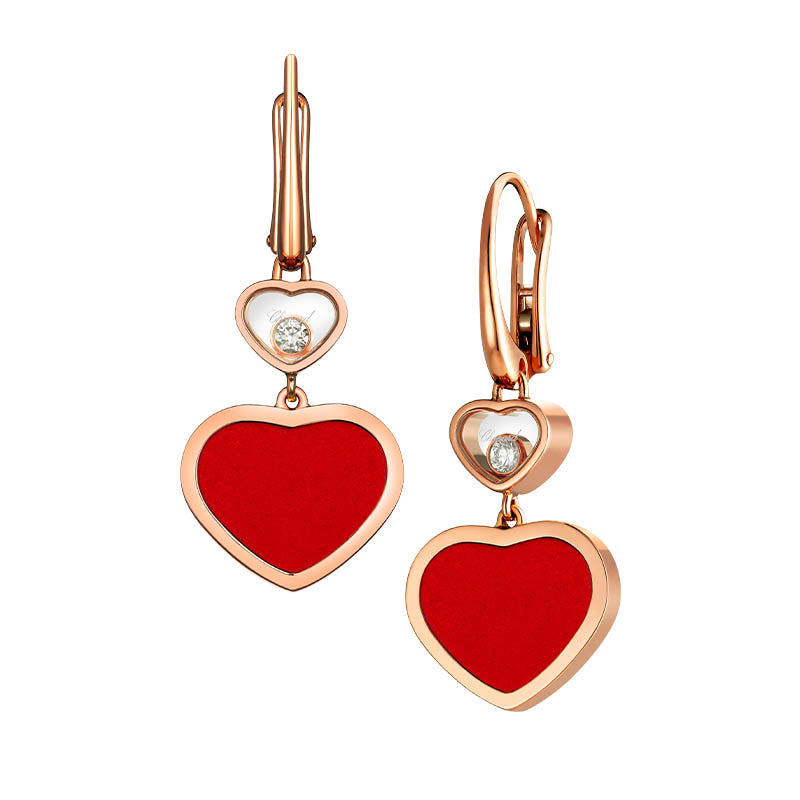 Chopard Rose Gold Happy Hearts Red Stone & Diamond Drop Earrings