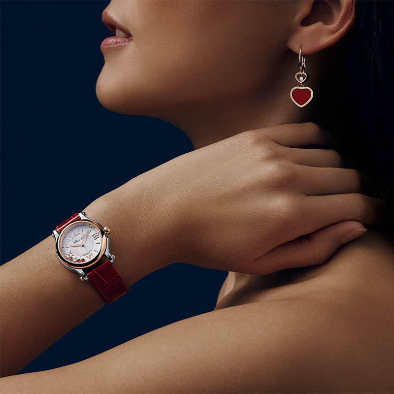 Chopard Rose Gold Happy Hearts Red Stone & Diamond Drop Earrings