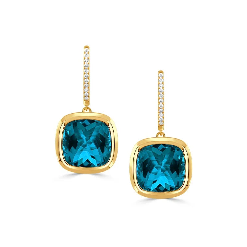 Doves Yellow Gold London Blue Topaz & Diamond Earrings