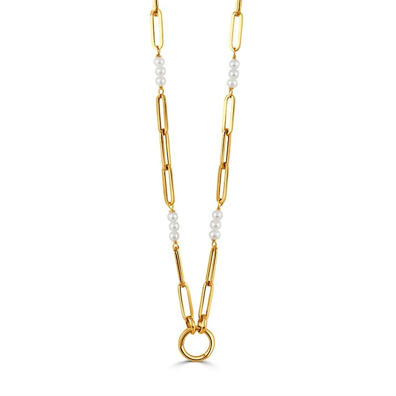 Doves Yellow Gold Paper Clip with Pearls Necklace