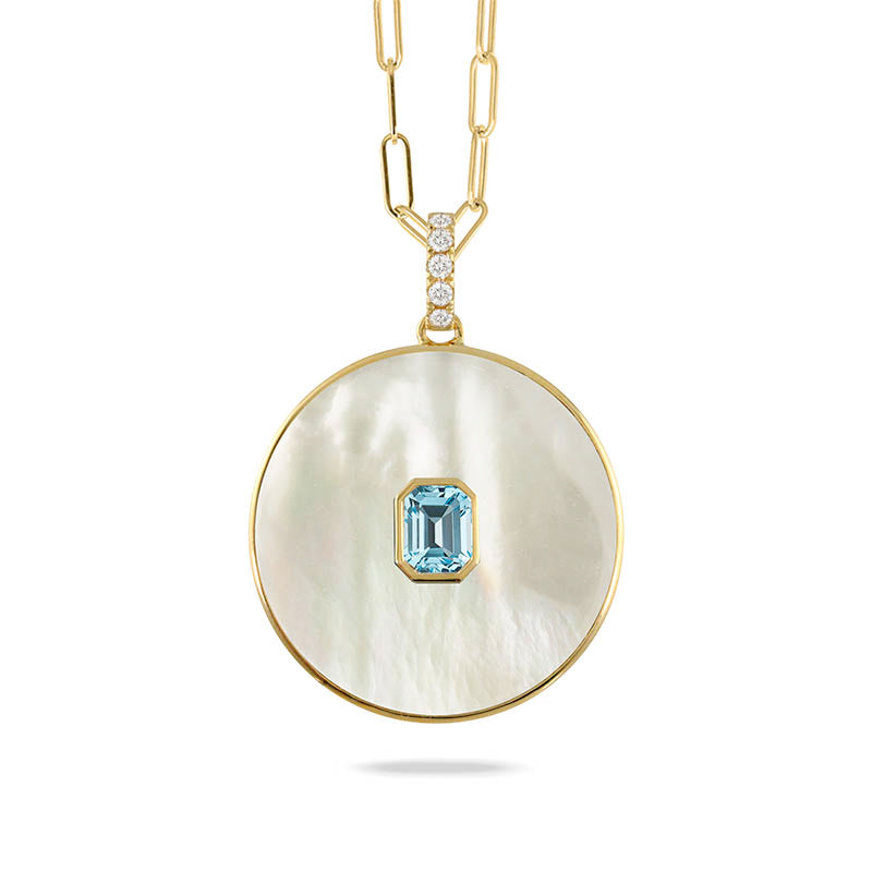 Doves Yellow Gold, Mother of Pearl, Blue Topaz & Diamond Mykonos Pendant