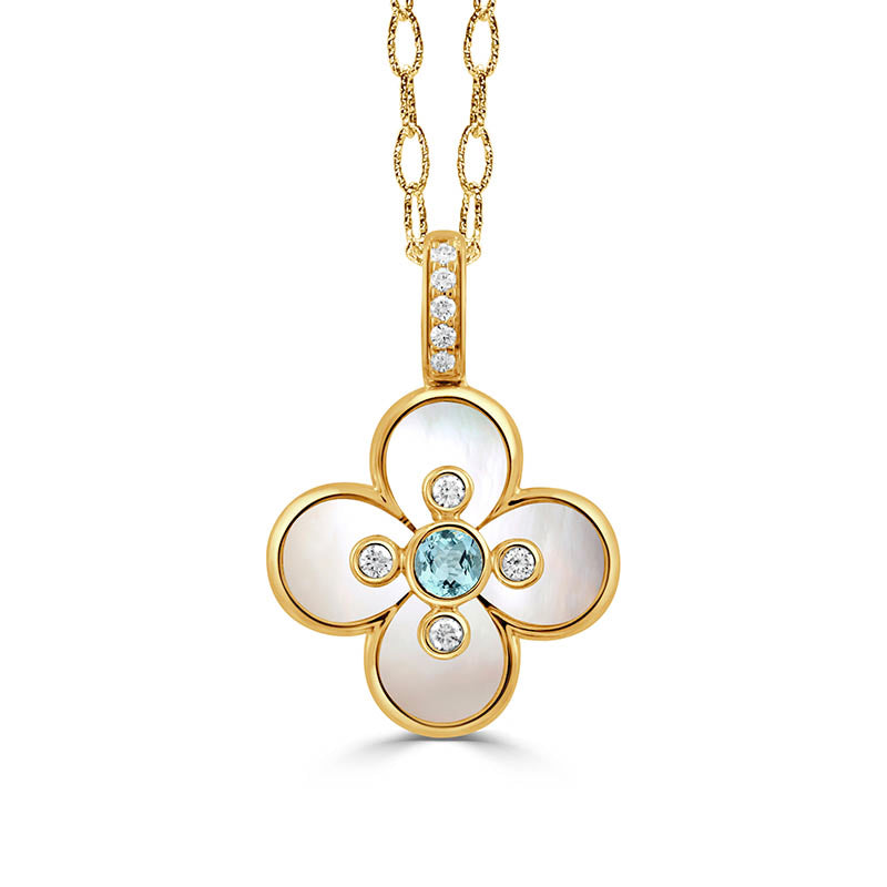 Doves Yellow Gold, Mother of Pearl, Blue Topaz & Diamond Ravenna Pendant 