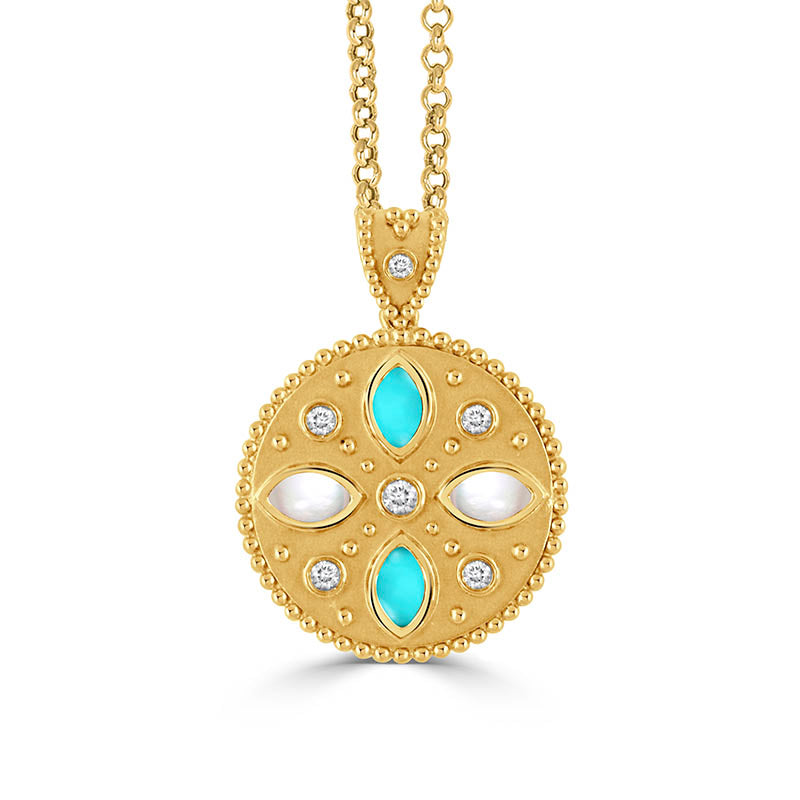 Doves Yellow Gold, Mother of Pearl, Turquoise & Diamond Justinian Pendant