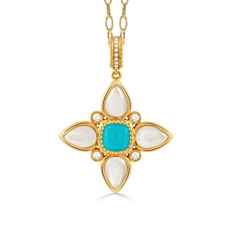 Doves Yellow Gold, Mother of Pearl, Turquoise & Diamond Ravenna Pendant 