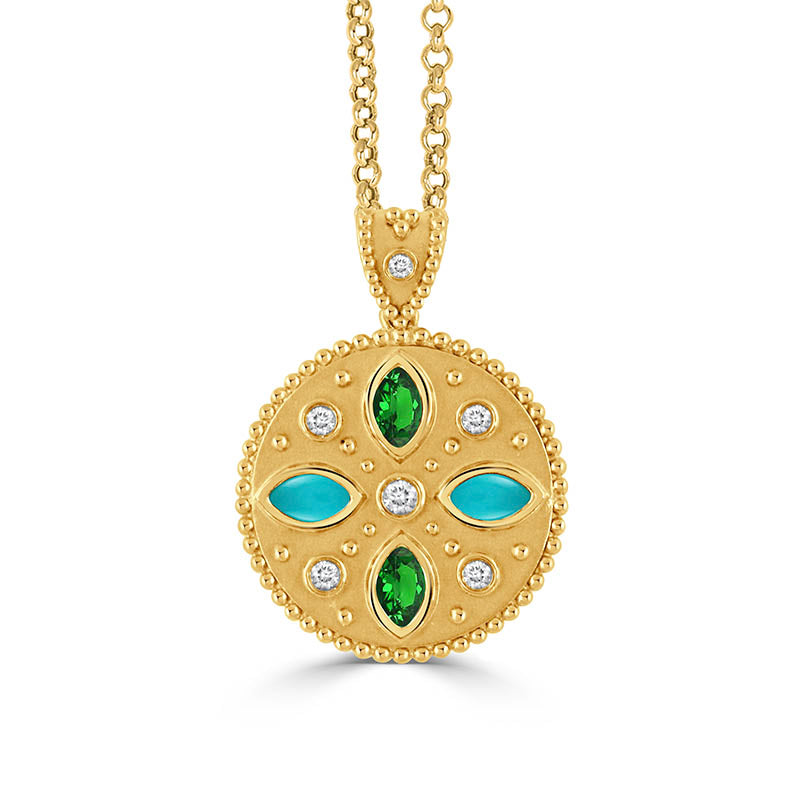 Doves Yellow Gold, Tsavorite, Turquoise & Diamond Justinian Pendant