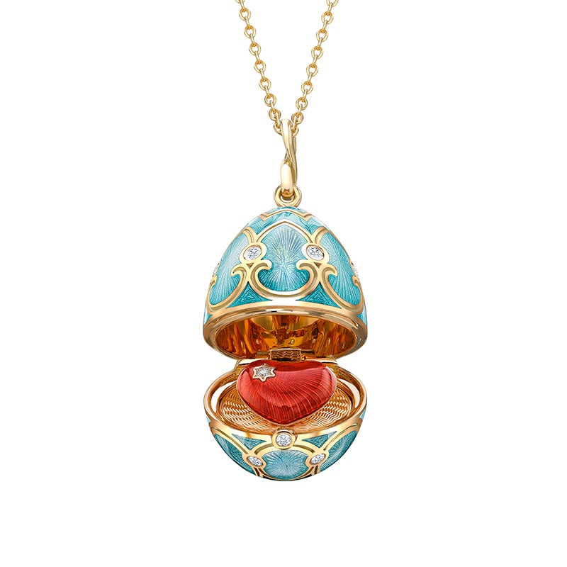 Fabergé Heritage Yellow Gold Turquoise Guilloché Enamel & Diamond Surprise Heart Locket Pendant