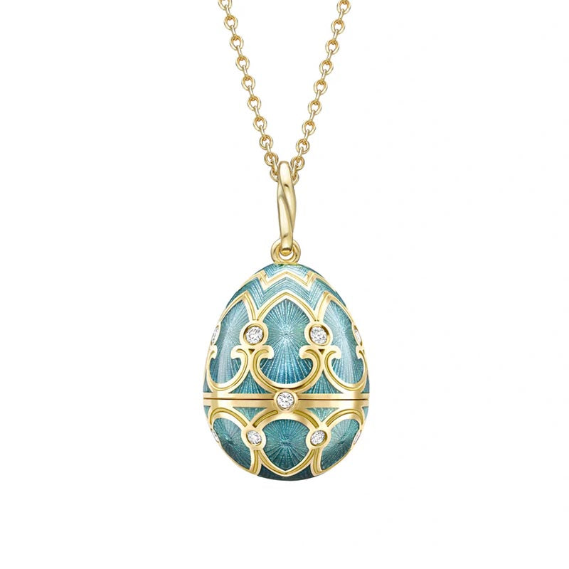 Fabergé Heritage Yellow Gold Turquoise Guilloché Enamel & Diamond Surprise Heart Locket Pendant