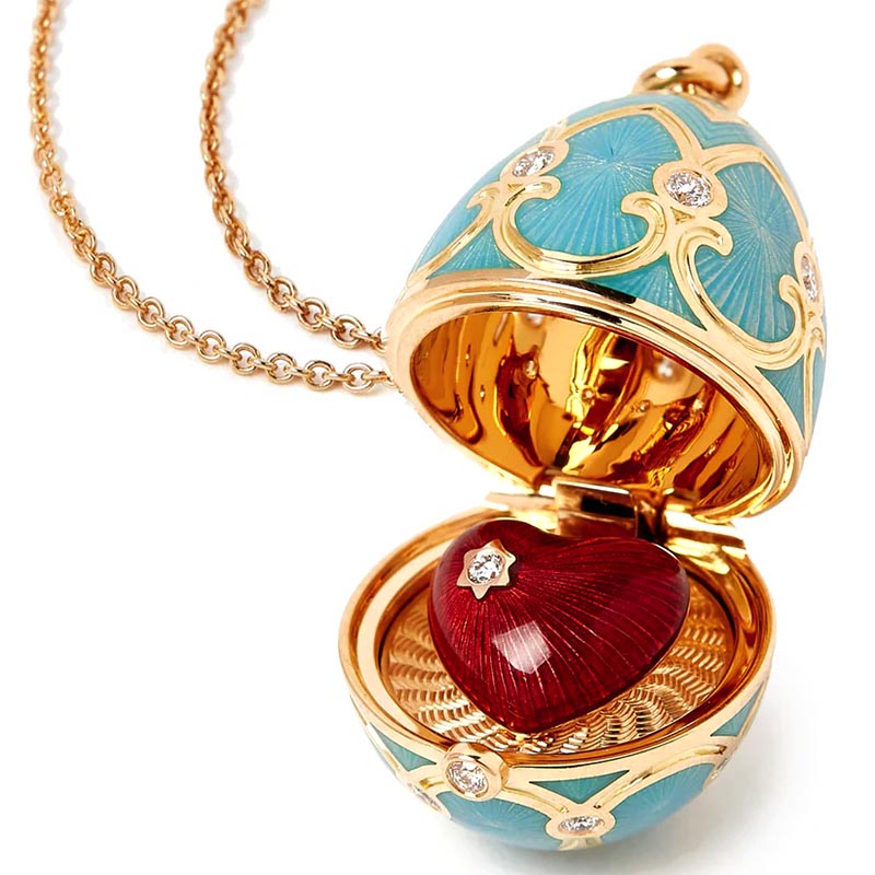 Fabergé Heritage Yellow Gold Turquoise Guilloché Enamel & Diamond Surprise Heart Locket Pendant