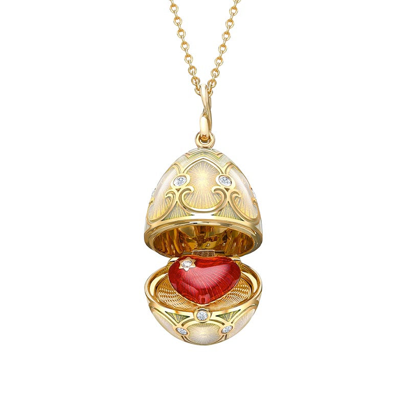 Fabergé Heritage Yellow Gold White Guilloché Enamel & Diamond Surprise Heart Locket Pendant