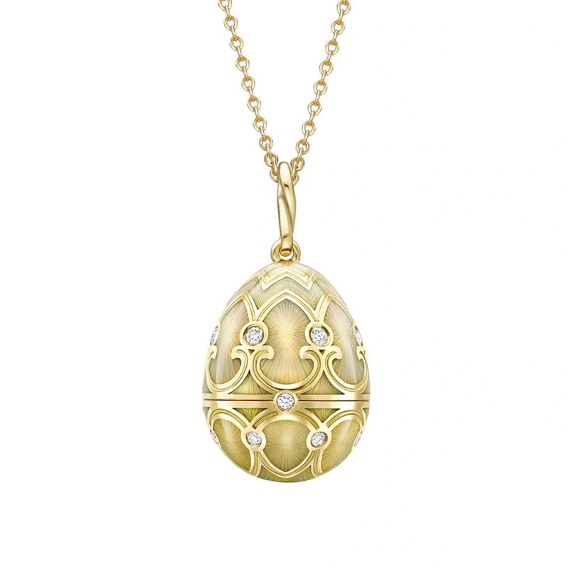 Fabergé Heritage Yellow Gold White Guilloché Enamel & Diamond Surprise Heart Locket Pendant