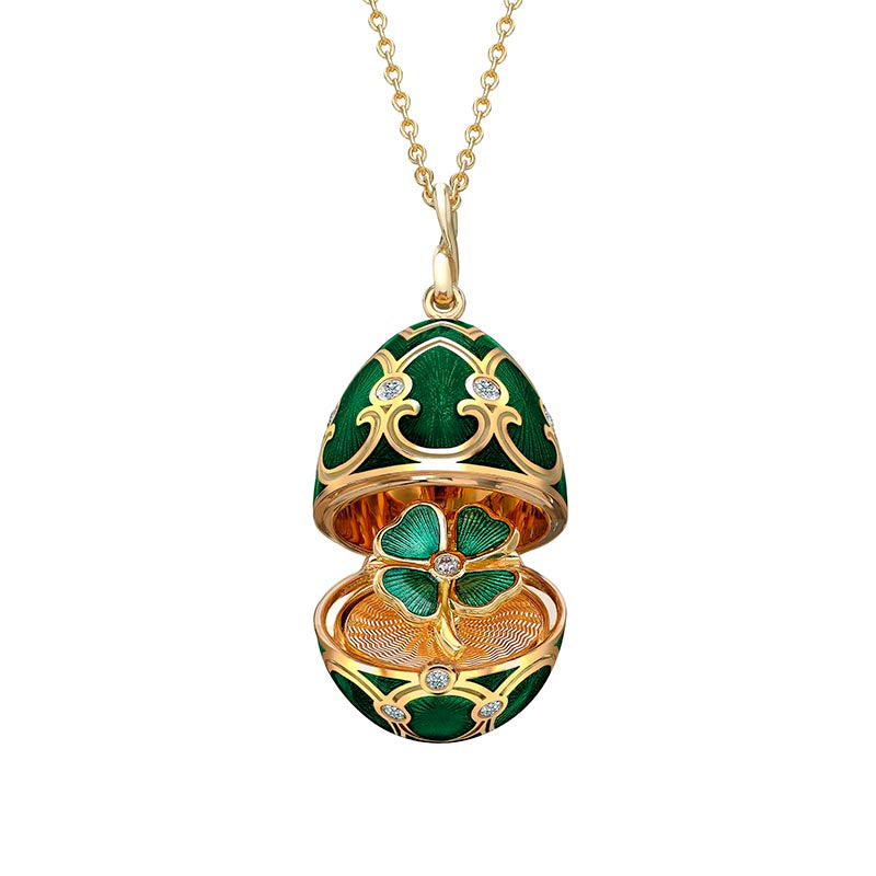 Fabergé Heritage Yellow Gold Green Guilloché Enamel & Diamond Surprise Clover Locket Pendant