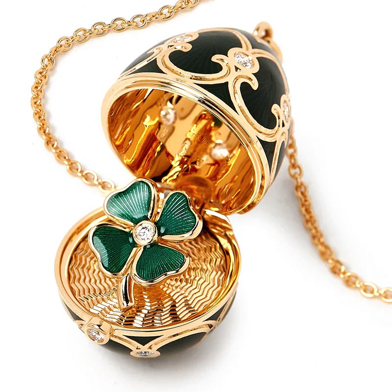 Fabergé Heritage Yellow Gold Green Guilloché Enamel & Diamond Surprise Clover Locket Pendant