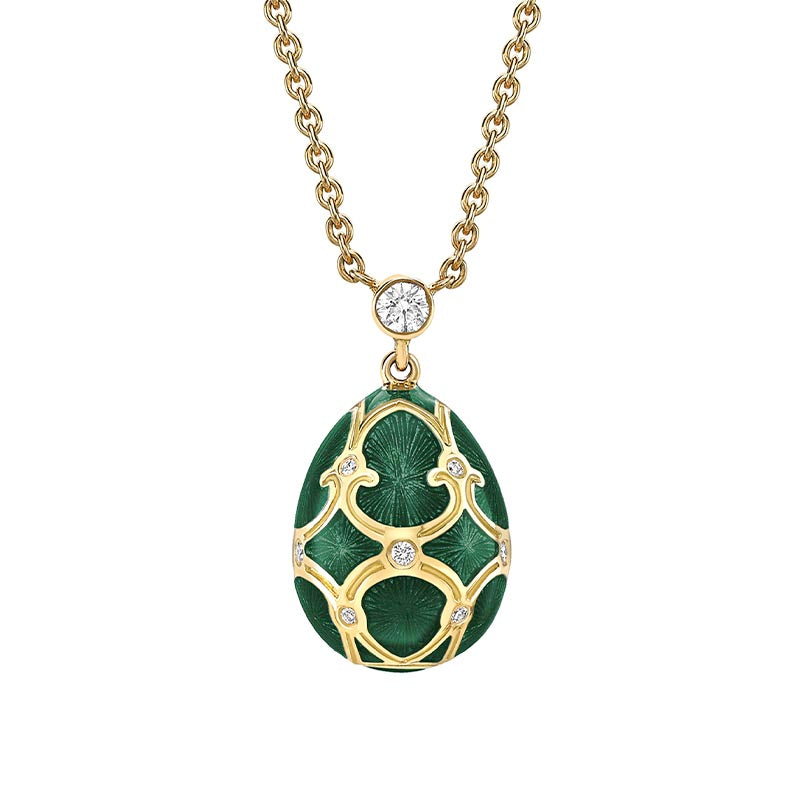 Fabergé Heritage Yellow Gold Green Guilloché Enamel & Diamond Petite Pendant